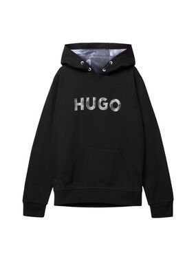 Hugo Boss Logo Graphic Pullover Hoodie Boys Size 14 Black Gray Lined Hood